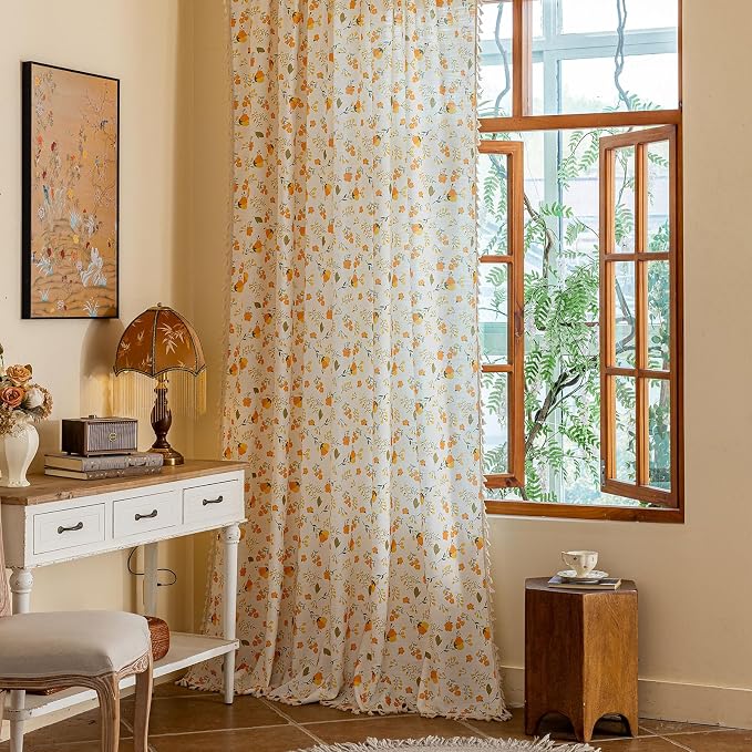 OYX Floral Boho Curtains 2 Panels Short 84 Inch Curtains Patterned Semi Sheer Living Room Drapes Farmhouse Boho Window Curtain Panels with Tassel Beige Rod Pocket Bedroom Drapes