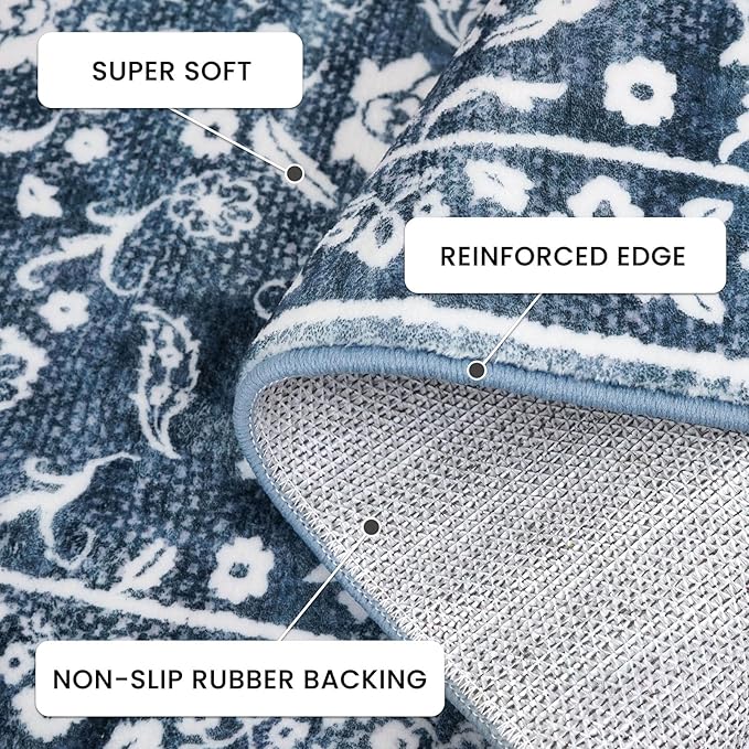 Vintage Entryway Rug Indoor, Navy Washable Rug 2x3, Small Area Rug with Non-Slip Backing, Floral Print, Thin Faux Wool Super Soft Door Mat for Kitchen, Entrance, Bedroom, Office