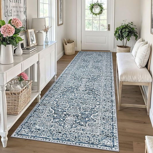 KUTA Vintage Washable Rug Runners 3x10, Blue White Non-Slip Kitchen Hallway Long Rugs 10ft with Rubber Backing, Printed Modern Soft Carpet for Entryway Indoor Dining Room