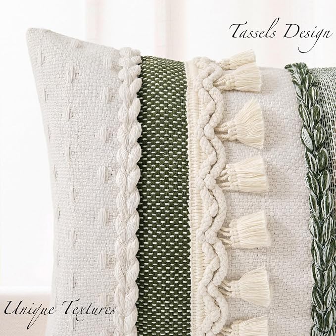 Kevin Textile 12x20 Inch Lumbar Throw Pillow Cover 1 Pack Boho Decorative Cotton Thread Woven Textured Tassel Rustic Farmhouse Rectangle Cushion Cover for Couch Sofa Chair Bed, Green