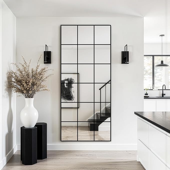 Large Window Pane Full Length Mirror for Wall, 30"x70" Oversize Black Full Body Wall Mirror for Living Room, Bedroom, Entryway, Hanging or Leaning