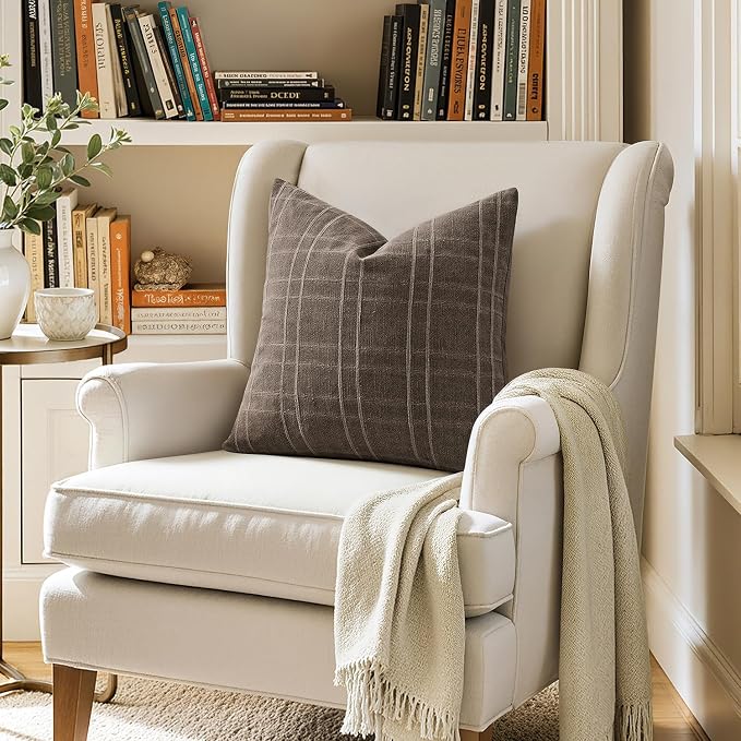 MIULEE Decorative Linen Check Euro Shams Throw Pillow Covers Neutral Farmhouse Vintage Pillow Covers 22x22 Set of 2 Boho Modern Winter Home Decor for Sofa Couch Bedroom Cushion Brown