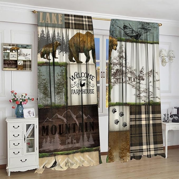 Bear Hunting Blackout Curtains Vintage Country Farmhouse Mountains Lake Forest Lattice Hunting Lodge Bear Deer Wildlife Windows Treatments Rod Pocket for Kitchen Living Room Bedroom 55x63in