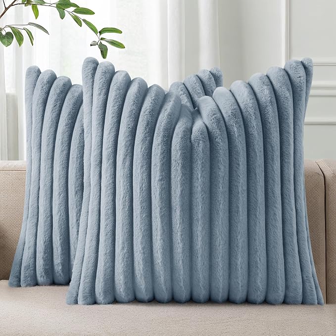 Pallene Faux Fur Plush Throw Pillow Covers 22x22 Set of 2, Luxury Soft Fluffy Striped Decorative Pillow Covers for Sofa, Couch, Living Room, Blue Grey