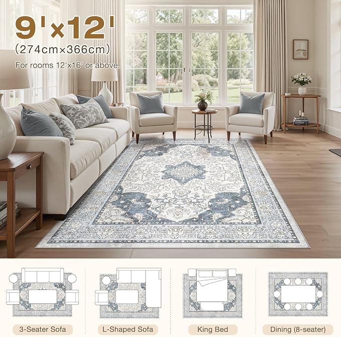 cotiled 9x12 Area Rug Machine Washable Vintage Carpet for Living Room Bedroom Soft Non-Slip Backing Floor Mat Kid & Pet Friendly Stain Resistant Light Blue