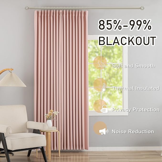 DONREN Baby Pink Pinch Pleated Blackout Curtains with Hooks - 100 inch Length Room Darkening Thermal Insulated Window Curtain Panels for Living Room Bedroom 2 Panel 40" Wx100 L