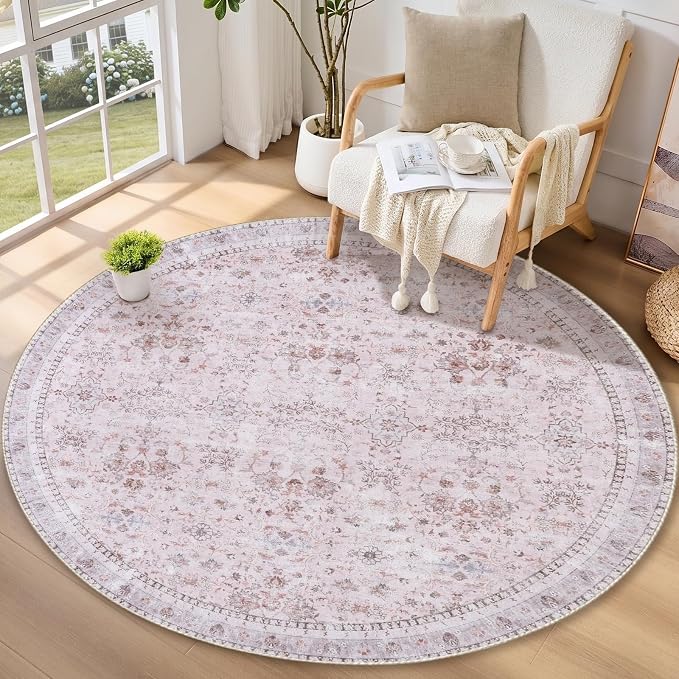 Sasttie Round Rugs 6ft, Ultra-Soft Washable Circle Rug, Low Pile Foldable Thin Carpets with Non-Slip Backing, Skin-Friendly Stain Resistant Carpet for Living Room, Bedroom, Kitchen, Dorm, 6ft, Pink