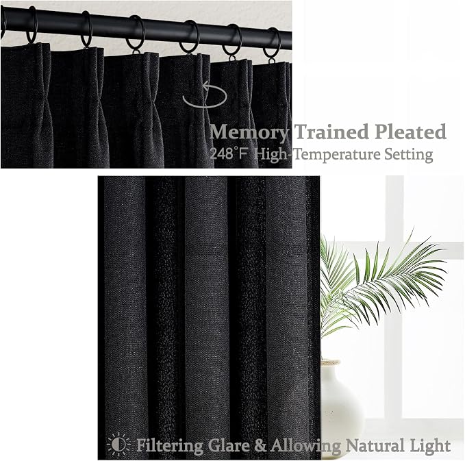 PleatedDrapes Light Filtering Black Linen 90 Inch Curtains for Sliding Glass Doors, Pinch Pleat Semi Sheer Nursery/Kids Room Curtain Decorative Privacy Back Tab Ceiling Track Window Drapes 7-1/2 FT
