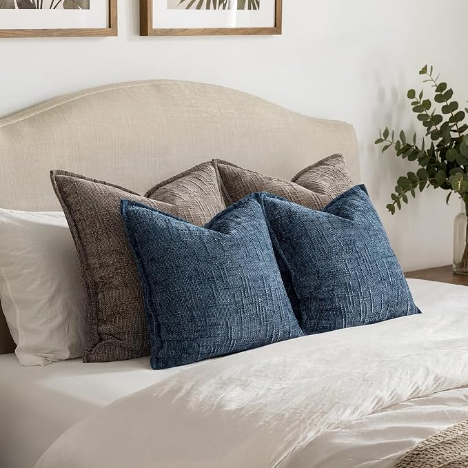 MIULEE Slubby Textured Decorative Throw Pillow Covers 24x24 Inch Set of 2 Boho Farmhouse Soft Cozy Chenille Pillows Cushion Cases Modern Coastal Home Decor for Couch Sofa Bed Living Room, Navy Blue