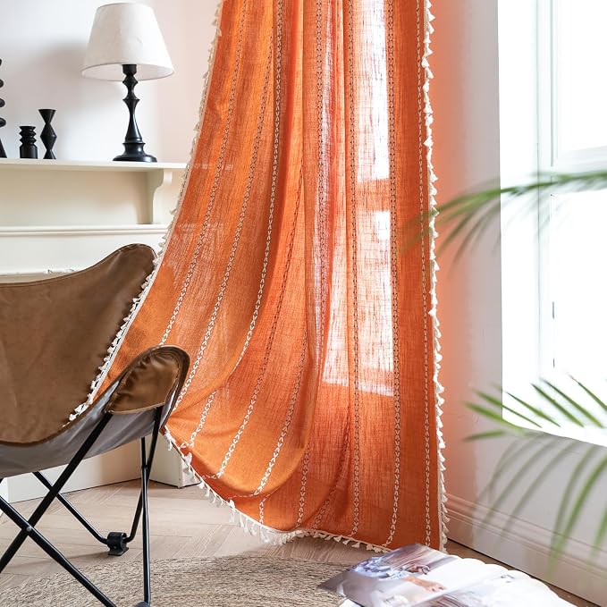 RoomTalks Orange Boho Farmhouse Curtains for Bedroom Living Room 96 Inch Length French Rustic Country Cute Fall Autumn Window Curtain Panels Bohemian Chic Tassel Draperies, 96’’L x 52’’W