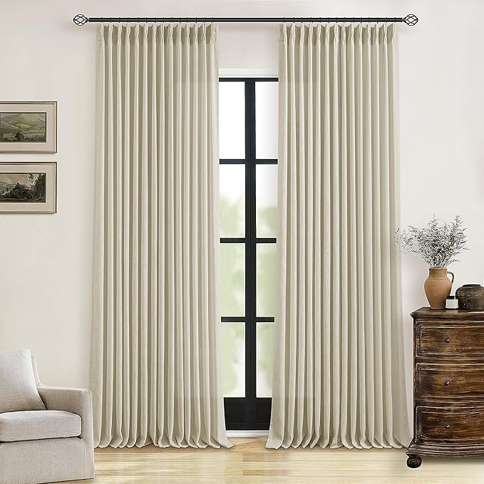 Beige 98 Inch Linen Curtains 2 Panels Set Pinch Pleated for Living Room Bedroom Memory Training Shaped Semi Sheer Neutral Light Tan Flax Burlap Pleat Drapes Hooks Rings Light Filtering Window Curtain