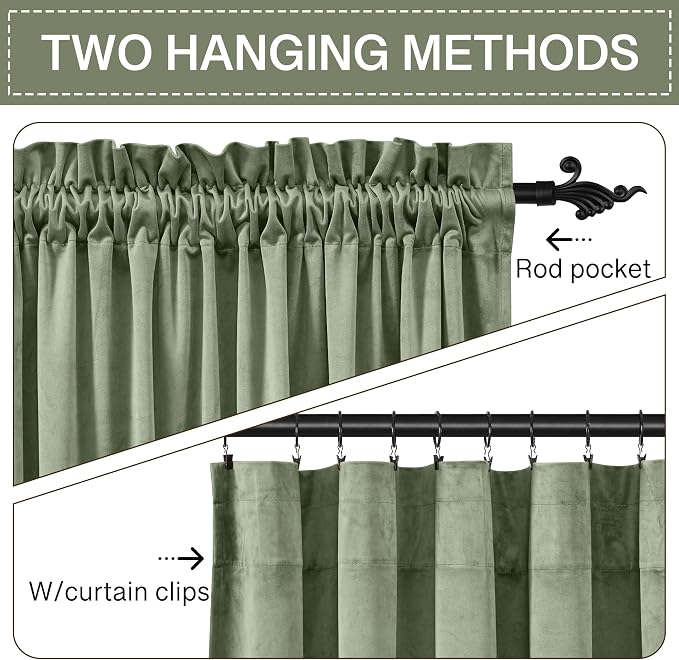 StangH Sage Green Curtains for Bedroom Velvet Room Darkening Thermal Insulated Window Drapes Elegant Home Decoration for Nursery Kids Living Dining Room, W52 x L102, 2 Panels