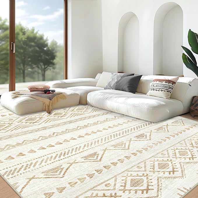 Area Rug Living Room Rugs 8x10 - Large Soft Boho Geometric Rug, Non-Slip Foldable Washable Rugs Non Shedding Morden Indoor Floor Carpet for Living Room Bedroom Office Dining Room(Beige Brown,8'x10')