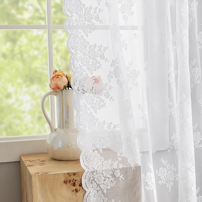 Kotile White Lace Curtains 102 Inches Long for Living Room, 2 Panels Country Rustic Floral Vintage Sheer Lace Curtains for Bedroom, Rod Pocket Privacy Light Filtering Sheer Curtains, 52 x 102 Inch