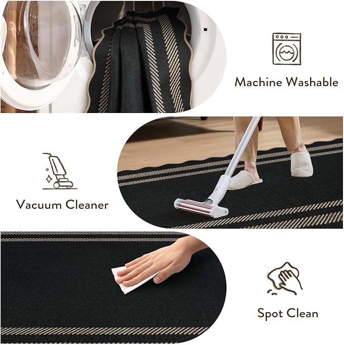 LIVEBOX Scalloped Easy Jute Kitchen Runner Rug, 2x6 Hallway Runner Black Rugs for Entryway, Indoor Outdoor Washable Non Slip Rug Farmhouse Modern Carpet Door Mat for Porch Bedroom Laundry 6ft Entry