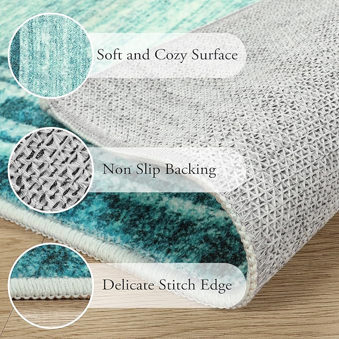 Lahome Amabel Modern Abstract 6x9 Area Rugs for Living Room, Washable Teal Bedroom Rug 6x9 Non Shedding, Low-Pile Soft Minimalist Bordered Indoor Large Carpet for Dining Room Playroom