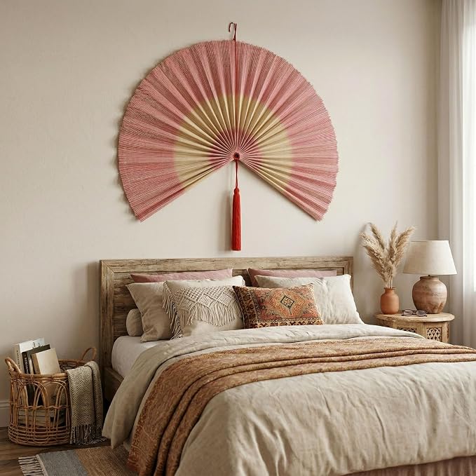 SUCHUBU Pink Bamboo Wall Fan, 47" Soft Aesthetic Wall Decor, Large Japanese Hanging Fan, Asian Wall Art for Nursery, Delicate Boho Bedroom Decor, Handwoven Bamboo Fiber (Pink White, Large)