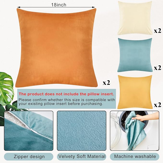 Berlune 8 Pcs Blue and Orange Velvet Throw Pillow Covers 18" x 18" Decorative Boho Cushion Cases Soft Pillowcase for Summer Farmhouse Couch Sofa Bed Home Decor, No Inserts