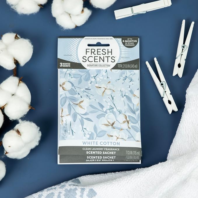 Fresh Scents Scented Sachets | White Cotton | Home Fragrance | Long Lasting (Up to 6 Months) | Air Freshener for Closets, Drawers, & Cars | 6 Pack