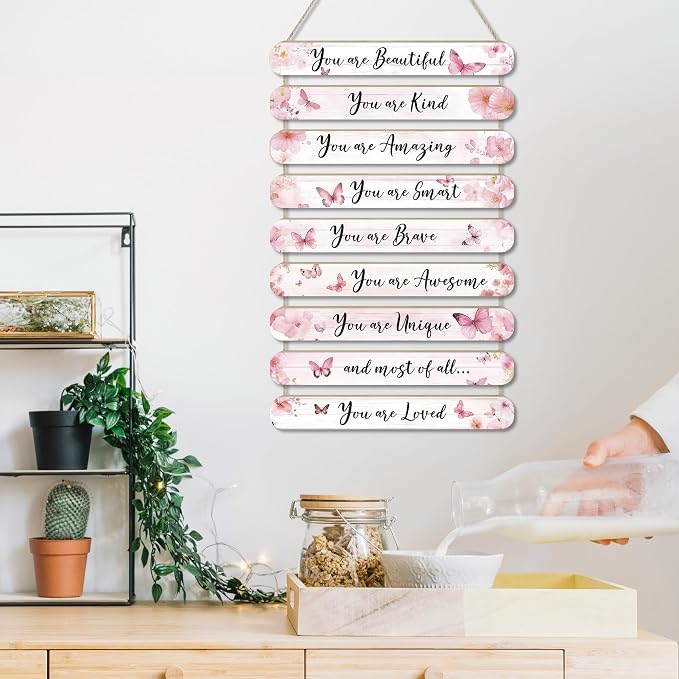 MONALET Pink Butterfly Inspirational Wall Decor for Girls Kids Room Office Classroom Playroom Nursery, You Are Loved Hanging Wooden Signs Decorations, Rustic Vintage Aesthetic Wood Plaque 9Pcs 12x19
