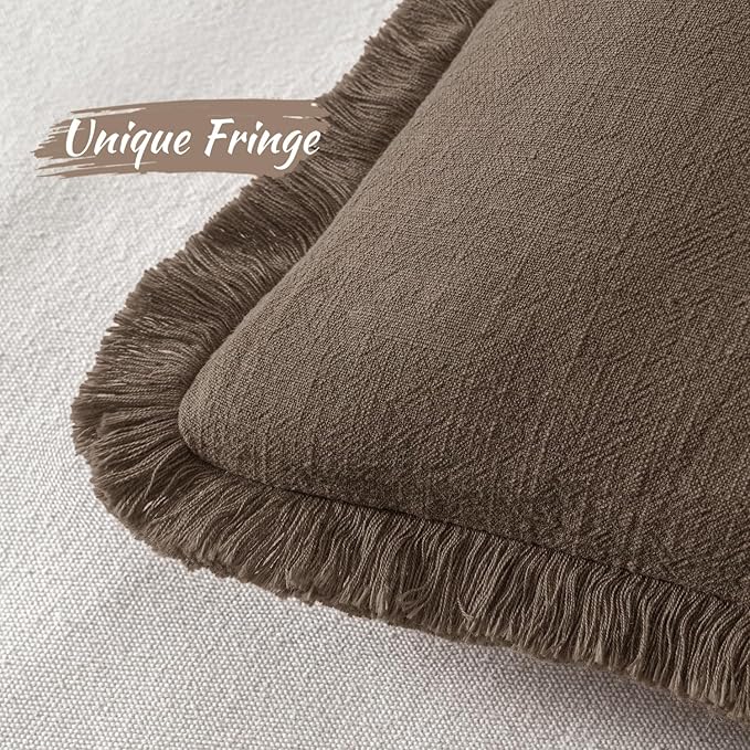 MIULEE Decorative Throw Pillow Covers Neutral Linen Fringe Throw Pillows Euro Shams Set of 2 Chocolate Brown Boho Farmhouse Cushion Covers for Couch Sofa Bed Living Room Fall Home Decor 22x22 Inch