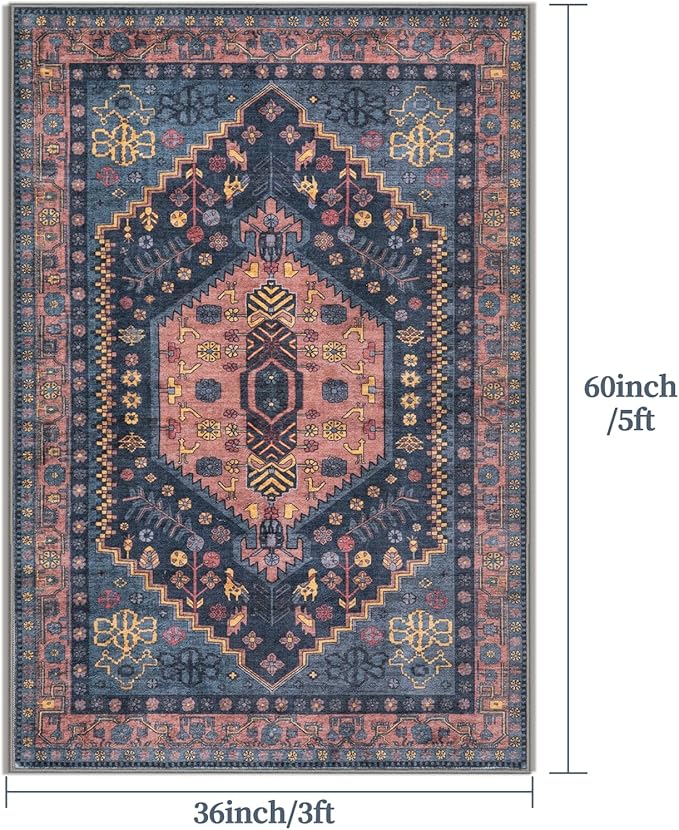 Ciicool 3x5 Area Rug, Washable Boho Rugs for Bedroom Non-Slip Indoor Low-Pile Mat Floor Oriental Carpet Vintage Rug for Kitchen Bedroom Living Room Office Dinning Foyer Decor