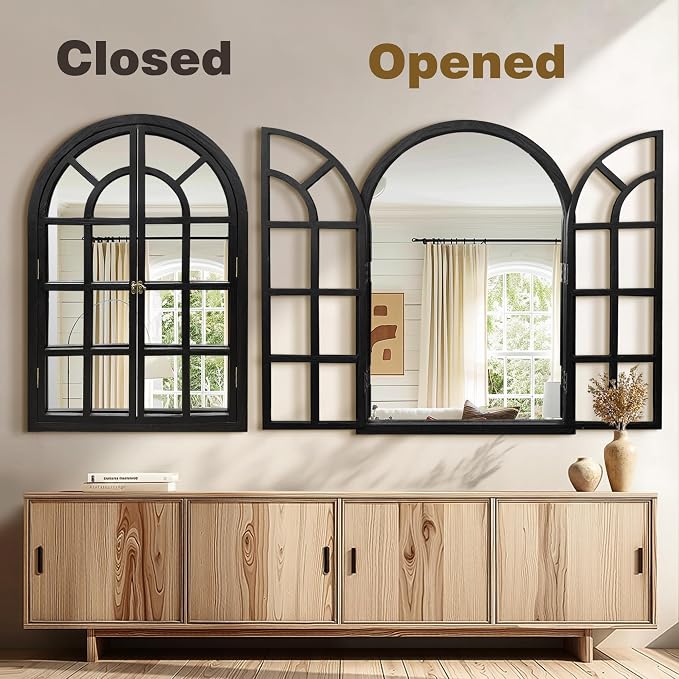Arched Window Mirrors for Wall, Wooden Rustic Farmhouse Mirror for Wall Decor 28 x 40 Black, Decorative Wall Mirror Arch for Living Room, Bedroom, Bathroom, Fireplace, Farmhouse