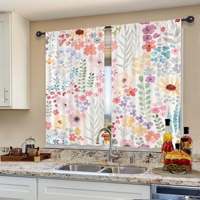 Riyidecor Colorful Floral Kitchen Curtains Short Pink Cute Boho Watercolor Wildflower Plant Leaf Botany Trendy Rod Pocket Aesthetic for Girl Bedroom Living Room Treatment Fabric 2 Panels 26Wx36H Inch