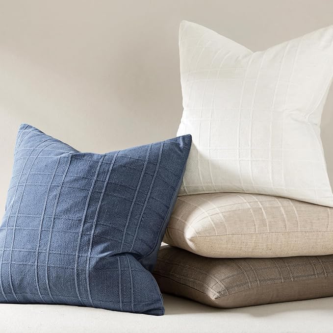 MIULEE Decorative Linen Check Throw Pillow Covers Neutral Farmhouse Vintage Pillow Covers 16x16 Set of 2 Boho Modern Home Decor for Sofa Couch Bedroom Cushion Blue