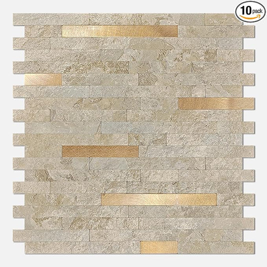KASARO Peel and Stick Marble Backsplash Tile, 10 Sheets, Marble Stone Beige with Vintage Golden Stripes, Self-Adhesive Wall Tile for Kitchen, Bathroom, Fireplace, RV (11.7” x 12.1”)