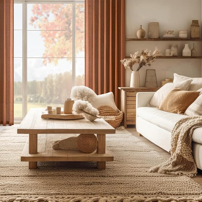 Pleated Linen Curtains 96 Inches Long for Living Room 2 Panel Set Cream Burnt Orange Semi Sheer Light Filtering Pinch Pleat with Hooks Back Tab Drapes Boho 96 Inch Curtain for Bedroom Window,8FT