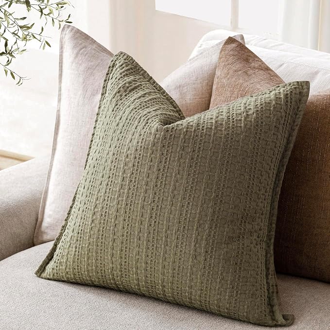 Foindtower Set of 2 Decorative Cotton Waffle Weave Throw Pillow Covers Euro Shams Cushion Covers Accent European Pillowcase for Bed Couch Sofa Bedroom Living Room Home Decor 22×22 Inch Olive Green