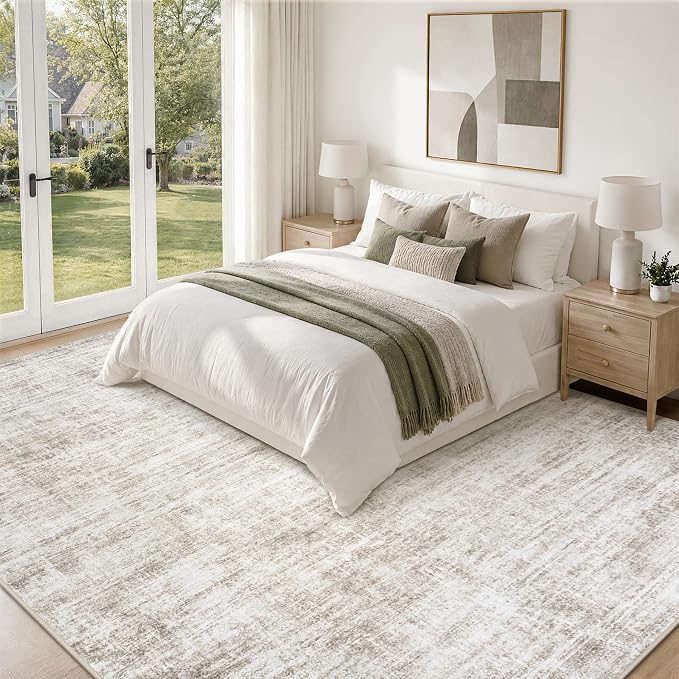 9x12 Area Rugs for Living Room Washable Rugs Neutral Abstract Large Rug Soft Modern Carpet Non-Slip Stain Resistant Low Pile Rug for Bedroom Dining Room Nursery Home Office Under Table Area Rug Brown