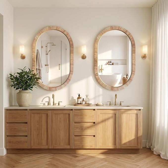 Decorative Rattan Wall Mirror, Boho Bathroom Modern Makeup, Rustic Wall Bohemia Mirrors for Bedroom, Living Room, Vanity Versatile Farmhouse, Nursery, Bathroom (Oval 36“x24”)