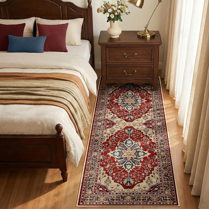 RELEANY Area Rugs Runner 2'x5' Washable Non-Slip, Floral Vintage Distress Medallion Carpet for Kitchen Hallway Bedroom Beside Laundry Room Bathroom, Red Blue