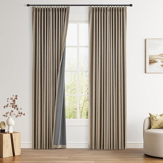 Khaki Pinch Pleated 100% Blackout Linen Curtains 90 Inch Length 2 Panels Set for Bedroom Living Room Pinch Pleat Blackout Drapes Farmhouse Rustic Room Darkening Window Curtain Panels 90 Inches Long