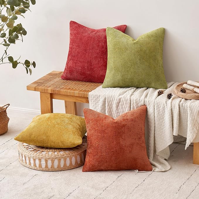 MIULEE Pack of 4 Burnt Orange Couch Throw Pillow Covers 18x18 Inch Yellow Green Soft Decorative Chenille Pillows Farmhouse Accent Cushions for Boho Fall Home Decor Sofa Bedroom Living Room