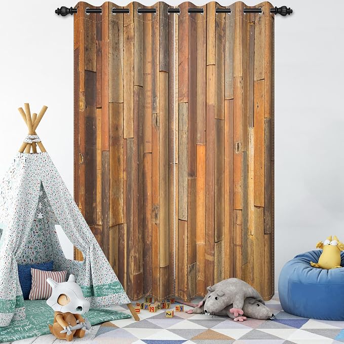 Wooden Curtains Vertical Planks Wooden Window Curtains Rustic Wooden Barn Door Grain Cottage Hardwood Garage Door Bedroom Living Room Window Drapes Decor with Grommets,26x84 inch,2 Panels