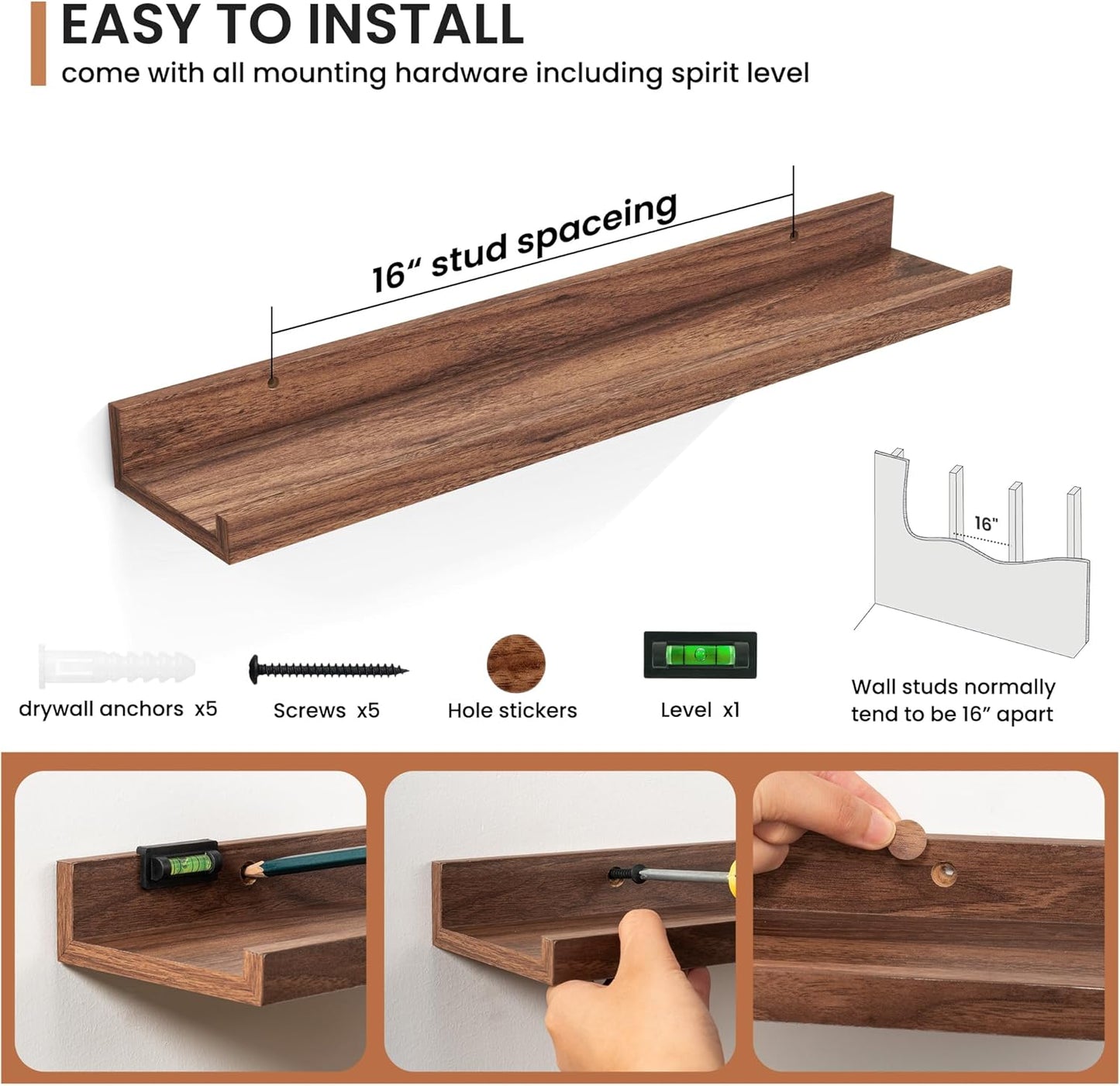 Fun Memories Picture Ledge Shelves Set of 2, 24 Inch Rustic Wall Mounted Floating Shelves with Lip for Home Storage and Décor in Bathroom, Kitchen, Nursery, Bedroom, Living Room, Walnut