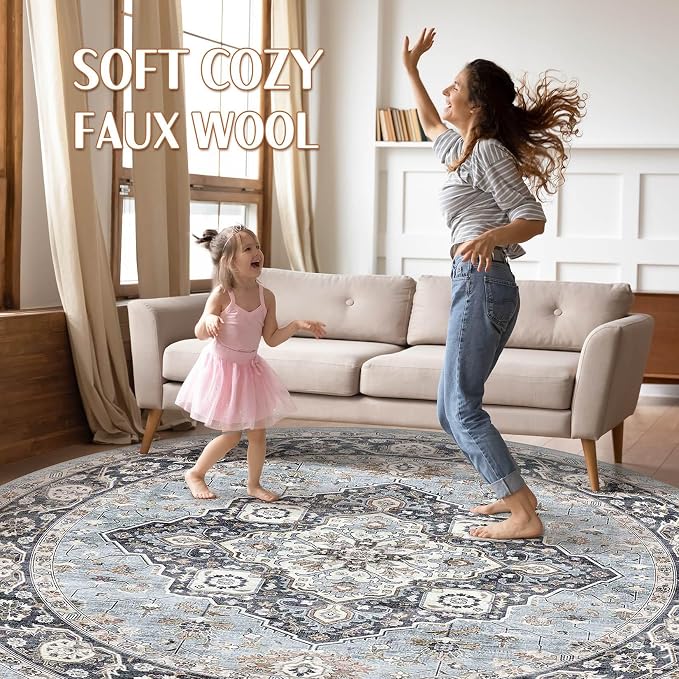 Round Rug Living Room Rugs: 7x7 Washable Boho Neutral Large Circle Soft Indoor Distressed Stain Resistant Floor Farmhouse Carpet for Bedroom Nursery Kids Playroom Office Dining Room Dorm- Blue Tan