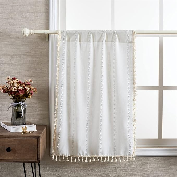 RoomTalks White Boho Farmhouse Kitchen Curtains 45 Inch Length French Striped Modern Vintage Chic Textured Tassel Charcoal Short Cafe Curtains for Small Window Kitchen Bathroom Decor