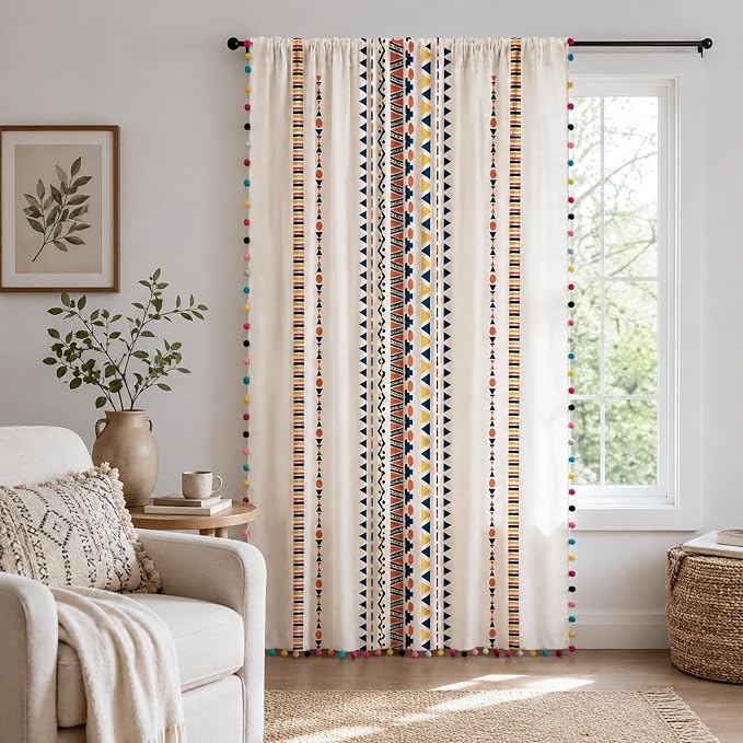 VOGOL Boho Semi Blackout Curtains, Colorful Geometric Pattern with Pom Poms, 1 Panel Rod Pocket Drapes for Living Rest Room, 28 x 84 Inches, Multi-Color