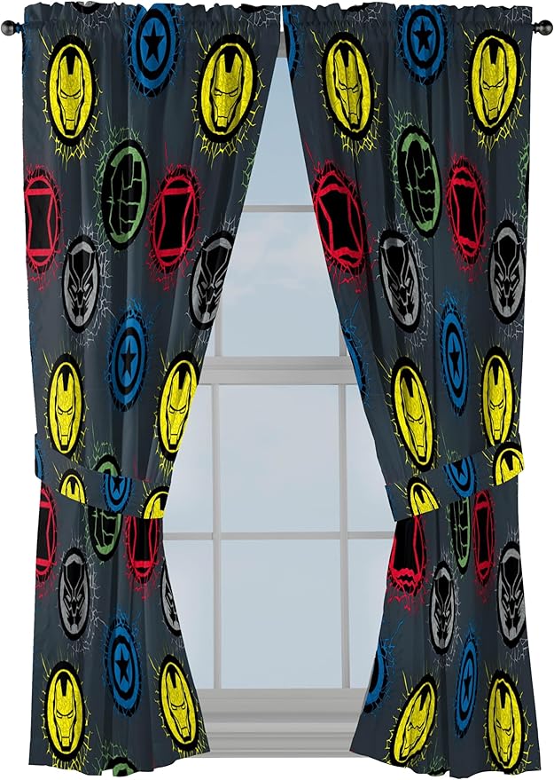 Jay Franco Window Curtains for Kids Bedroom 4-Piece Drape Set with 2 Tiebacks, Grey - Marvel Comics, 42" W x 63" L (Pack of 2)