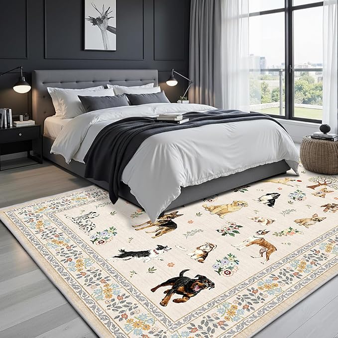 Beige Area Rugs 9x12 Living Room, Washable Dog Rug Non Slip Floral Low Pile Large Rug for Living Room, Bedroom, Farmhouse, Dining Room, Kids Playroom(9 x 12, Beige)