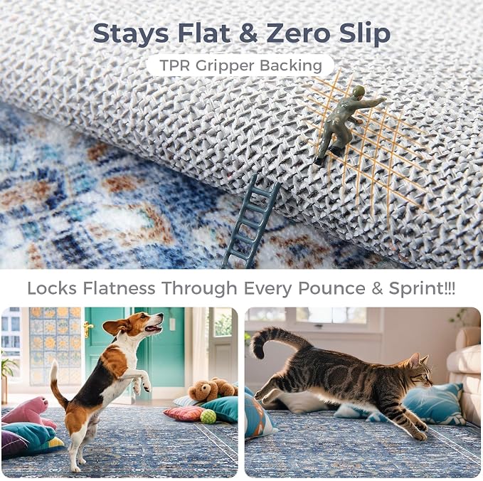 OPPODREAM Vintage Blue Round Rug 8ft, 8 ft Retro Washable Circle Rug Non Slip, Low-Pile Faux Wool Circular Carpet, Distressed Navy Floor Mat for Living Room, Bedroom, Office, Dorm, Dinning Room