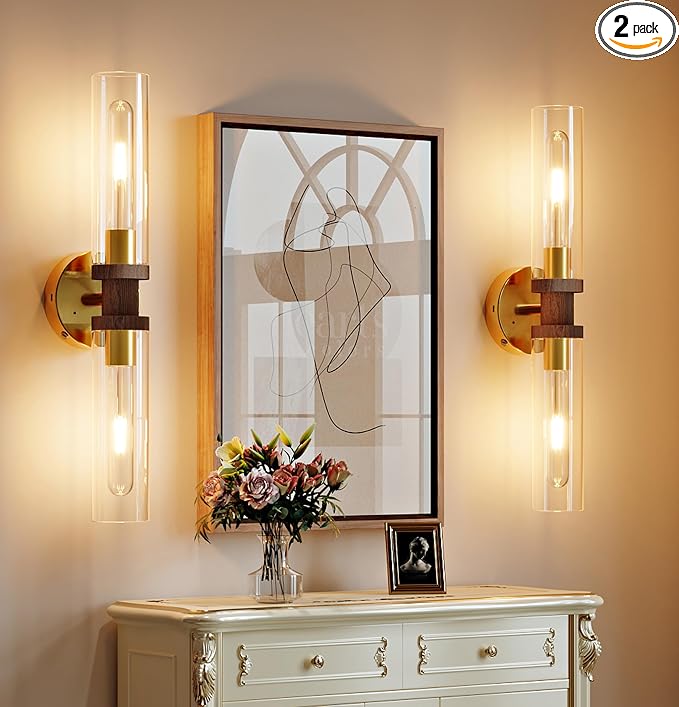 Rayogale Gold & Walnut Wireless Battery Operated Wall Sconce with Remote | Dimmable Rechargeable Wall Lights Set of 2, Timer, No Hardwire, Touch Control, 8000mAh, 3000K, Glass, Emergency, 16.5 Inch