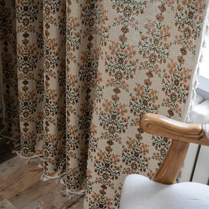 ENJOYBRIDAL Floral Curtains 96 Inch Length 2 Panels Vintage Flower Patterned Drapes Boho Semi Sheer Tassel Rustic Country Rod Pocket Botanical Farmhouse Window Curtain Panels for Bedroom Living Room