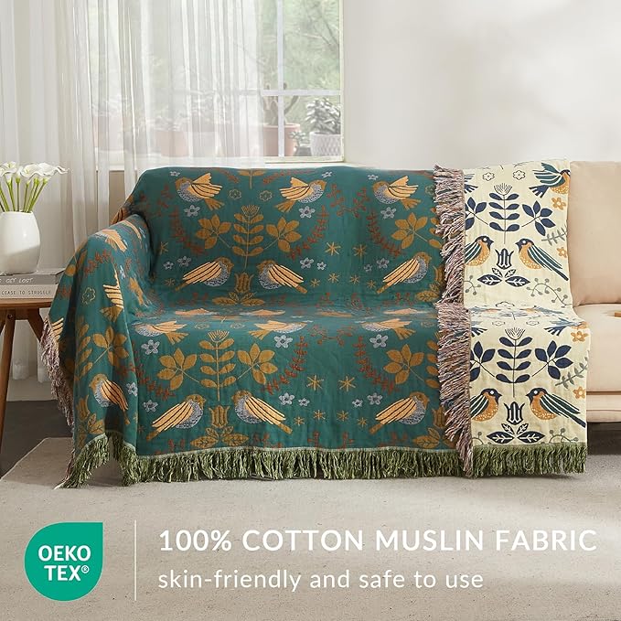 Bailix Boho Throw Blanket for Couch Sofa Bed, 100% Cotton Woven Quilt with Tassel 60”x80”, Super Soft Muslin Blanket with Bird Printed, Decorative Reversible Bed Blanket/Cover for All Seasons
