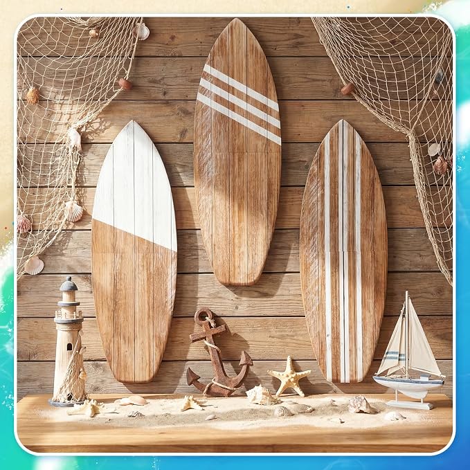 Yookeer 3 Pcs Surfboard Wall Decor,36" x 12" Large Wooden Coastal Beach Wall Decor Set, Aesthetic Cute Beachy Tropical Surf Board Art for Room Bedroom Decoration(Wood,Classic)