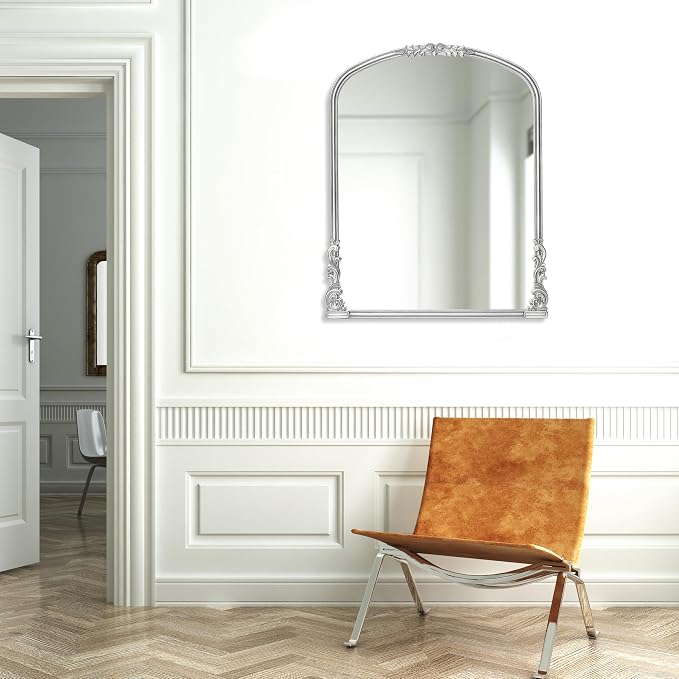 Wylde Iris English Estate Carved Arch Wood Wall Mirror, Mirror for Entryway, Living Room, Bathroom, Antique Silver, 25.6x33.4